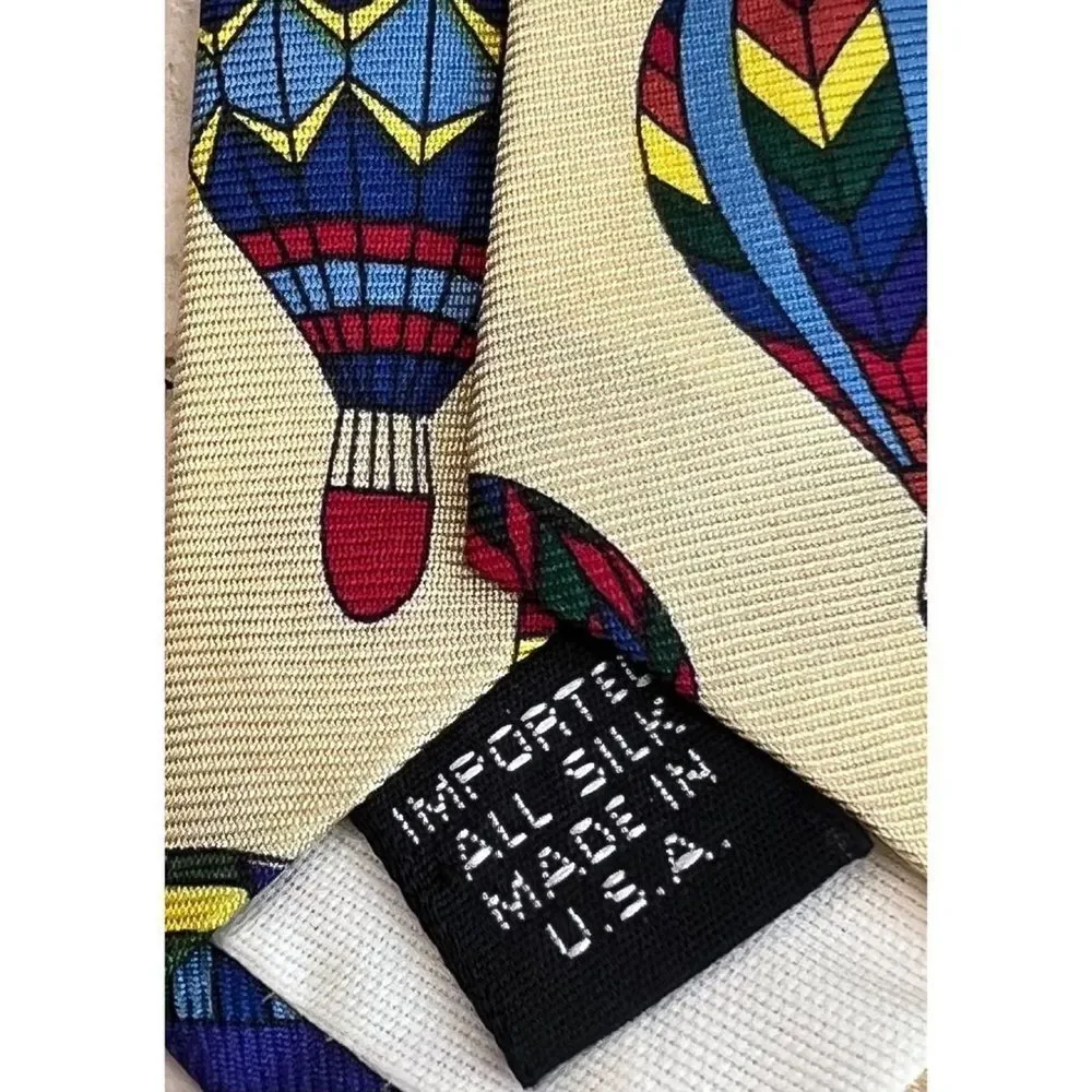 Cherry Blossom Festival Hot Air Balloon Silk Neck Tie Yellow Blue Red